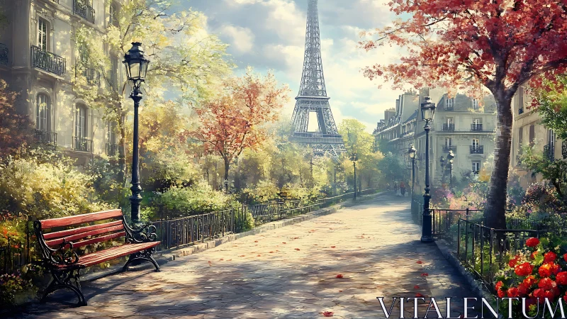 Parisian garden path toward Eiffel Tower in soft light.