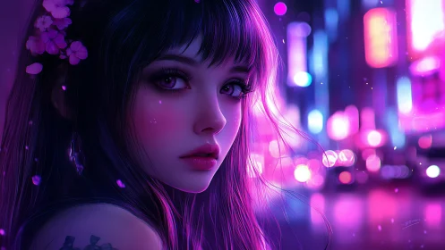 Neon city night embraces a wistful girl in violet glow