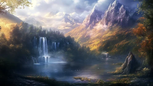 Mountain lake with tiered waterfalls and forested slopes.