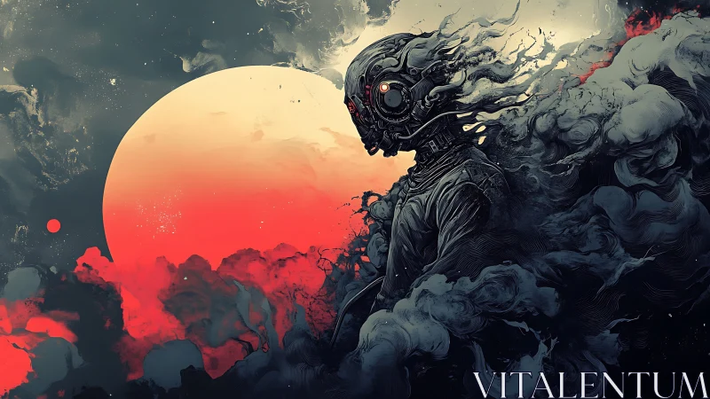 Cyborg silhouette drifting through red cosmic smoke storm.