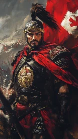 Armored ancient warrior before red battle standard.