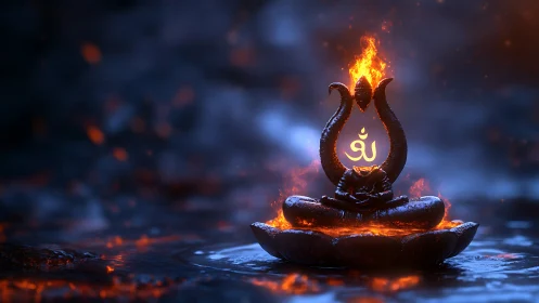 Luminous Sanskrit fire emblem on molten lotus altar.