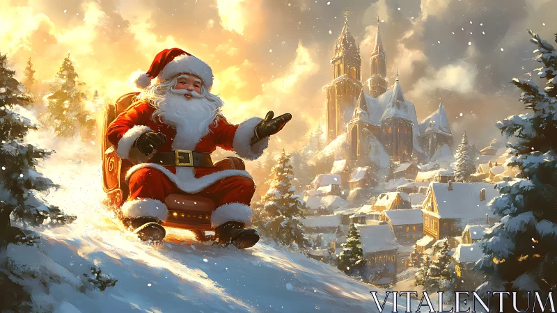 Santa sleds joyfully past a glowing snowy Christmas village.