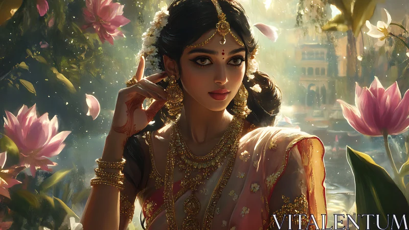 Lotus-lit Indian muse draped in golden bridal shimmer.