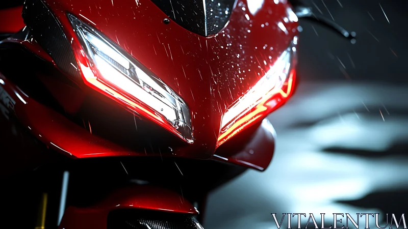 Red superbike LED fascia in cinematic night rain closeup.