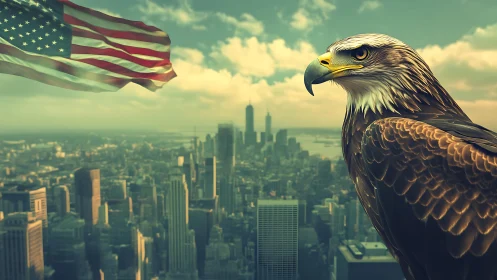 Majestic bald eagle above hazy city skyline at dawn.