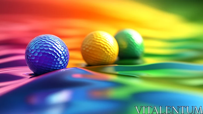 Three textured spheres on reflective multicolor surface.