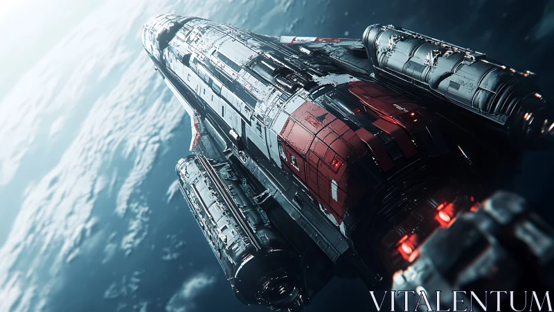 Massive starship glides above Earth in cinematic orbit.