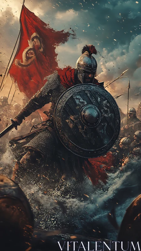 Armored infantry formation advancing with shield and banner.