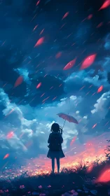 Umbrella girl quietly studies a comet-swept neon twilight