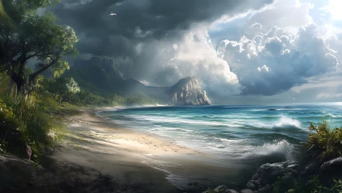 Dramatic Coastal Landscape With Towering Rock Formation.