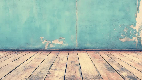 Wooden floor meets worn turquoise wall in empty interior