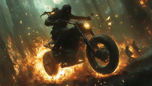 Armored biker rides burning forest trail through firestorm