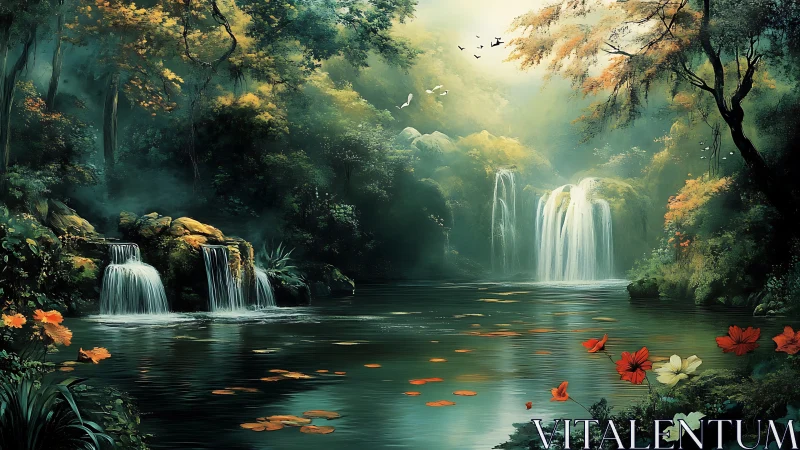 Luminous forest lagoon with tiered waterfalls and red florals