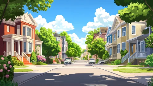 Digital street scene with sunlit residential architecture.