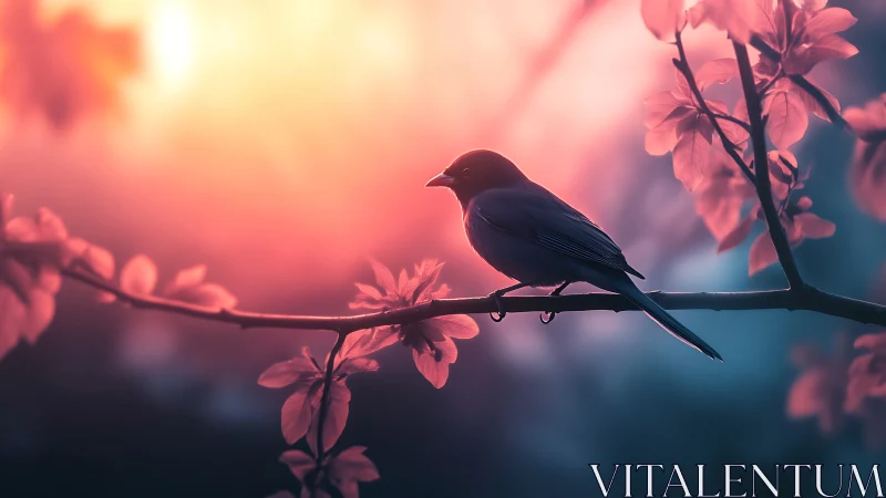 Songbird on Blossom Branch in Dreamy Sunset Light, Soft Focus.