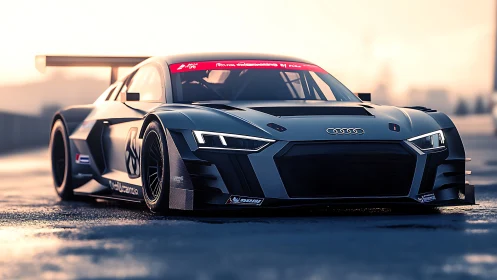 Aggressive race-tuned Audi GT glows in soft sunrise light.
