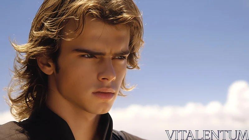 Sunlit young hero gazing into a bright, endless sky.