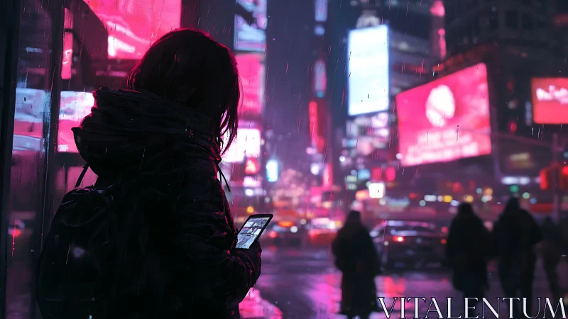 Neon rainwalk with a quiet city dreamer at dusk.