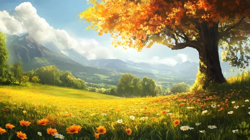 Mountain valley field with tree and flowers under daylight.