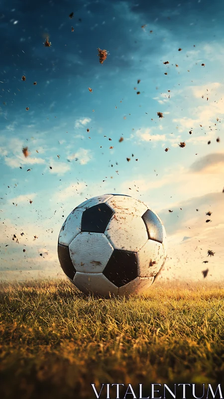 Storm-kissed soccer ball pausing mid-flight on glowing turf.