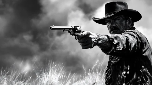 Grim cowboy gunslinger aiming revolver in storm field.