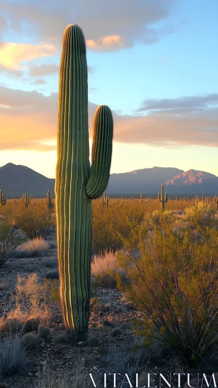 Saguaro cactus in golden hour desert light with distant mountains