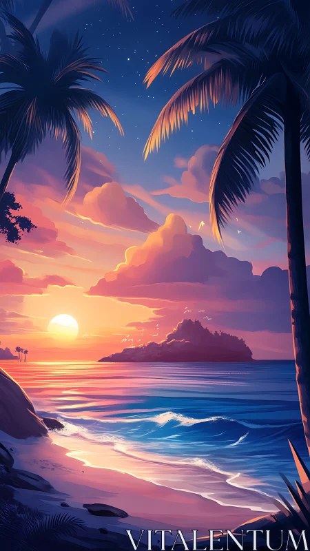 Tropical Beach Scene with Sunset Over Ocean Water