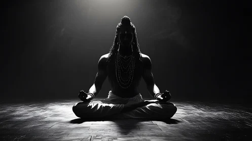 Moonlit yogi carves silence from shadow and soft light