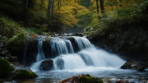 Gentle forest waterfall tumbles over mossy rocks in autumn