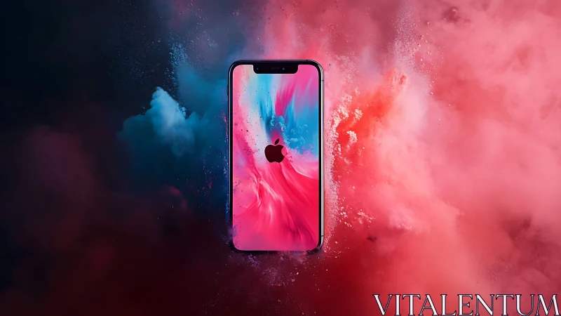 Apple smartphone rendered with vivid magenta-to-cyan chromatic gradient against particle explosion