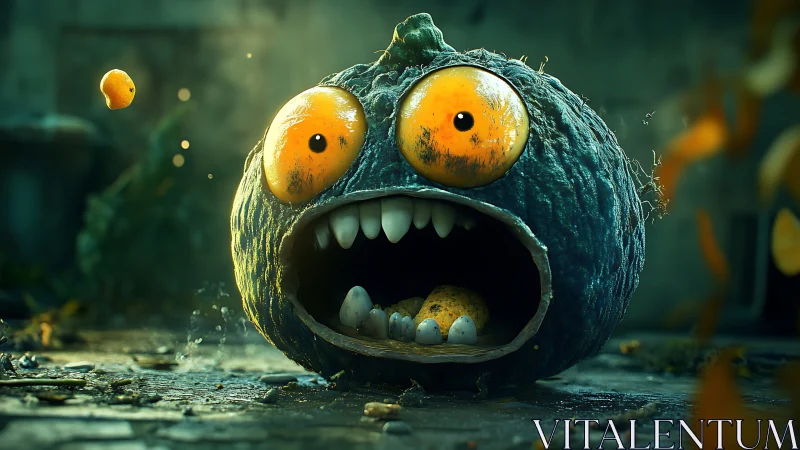Wide-eyed pumpkin monster gasps in playful surprise