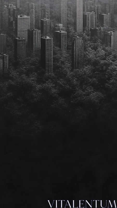 Monochrome high-rise forest overgrowth in vertical composition.