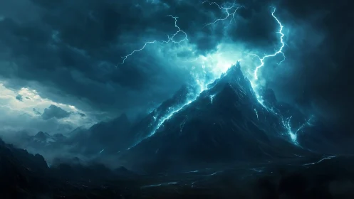 Stormlit jagged mountain under intense blue lightning.