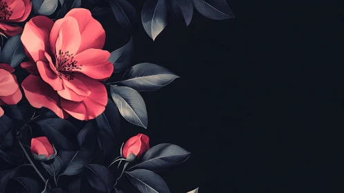 Digital botanical illustration featuring pink coral petals with architectural dark foliage rendering