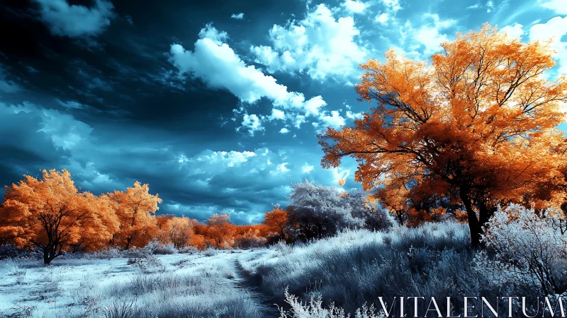 Infrared-rendered woodland path under dense cloud cover.