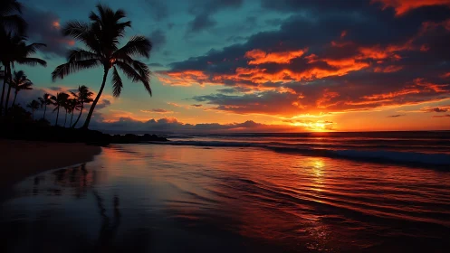 Photorealistic tropical shoreline at incendiary sunset horizon.