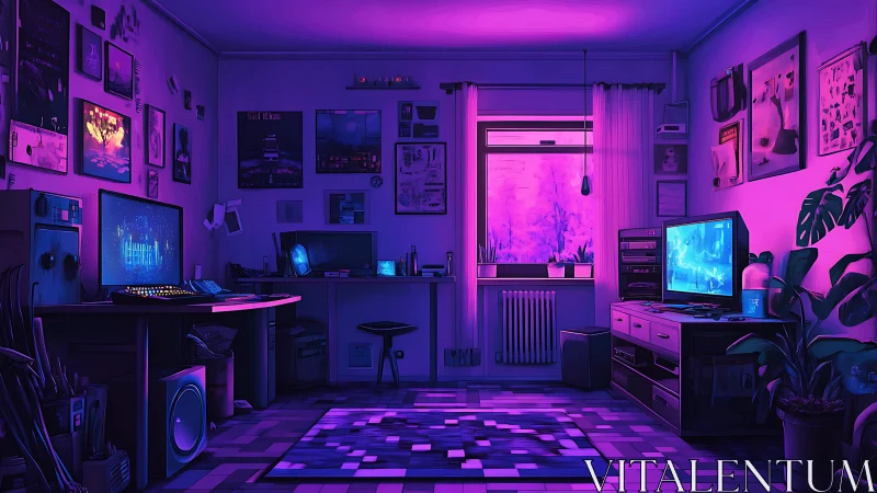 Purple lit gaming workspace in organized digital studio.