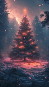 Snow-covered conifer with internal orange lighting at dusk