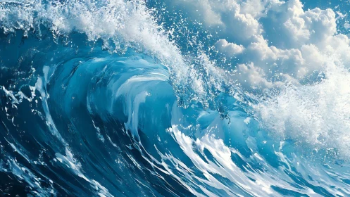 Breaking ocean wave curves upward beneath dense white clouds