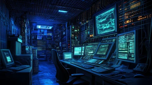 Neon-lit cyber control room pulses with data and silent focus