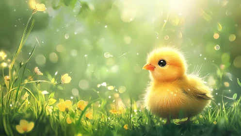 Soft spring sunlight bathes a fluffy baby chick in bloom