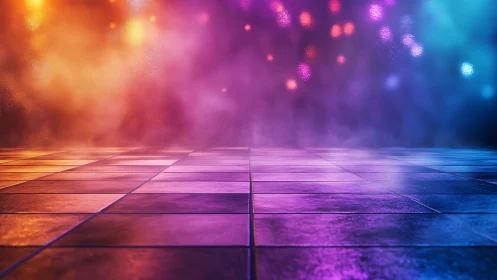 Colorful tiled dance floor under hazy stage lighting.