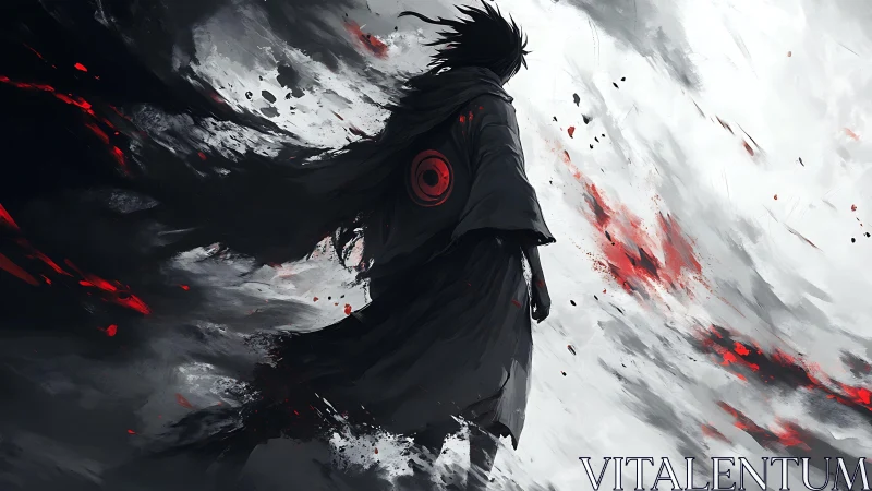 Dark warrior silhouette strides through storm of red ash.