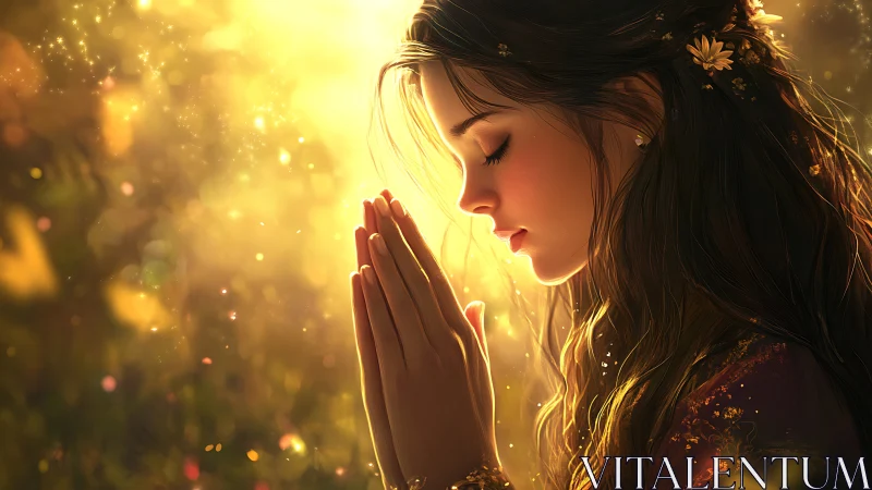 Golden quiet prayer in a sunlit, dreamlike garden glow.