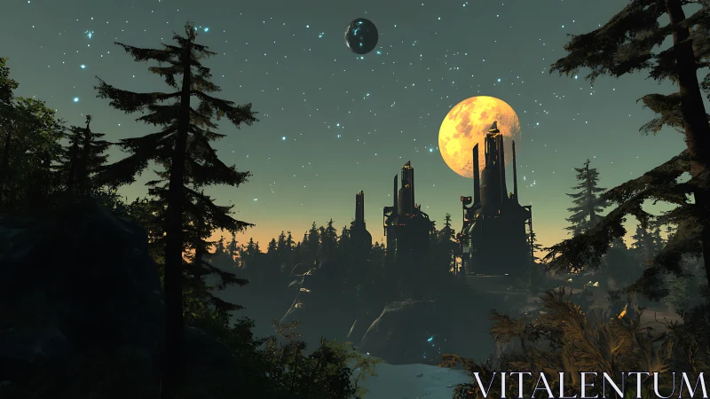 Lunar-lit futuristic towers rising beyond dense forest canopy.