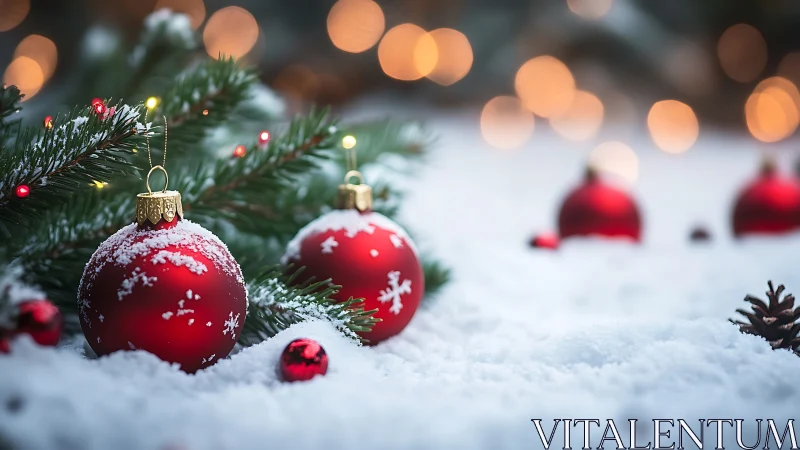 Cozy red Christmas ornaments resting in fresh winter snow.