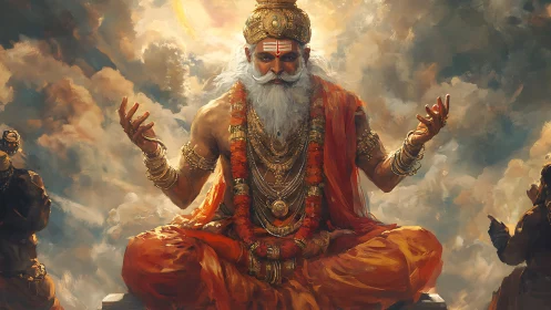 Serene sage in golden light sharing calm, timeless wisdom.