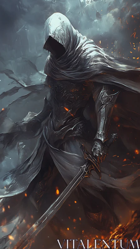 Hooded dark warrior strides through embers with quiet power