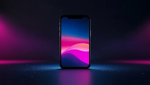 Neon-slick smartphone altar glowing in a midnight gradient storm.